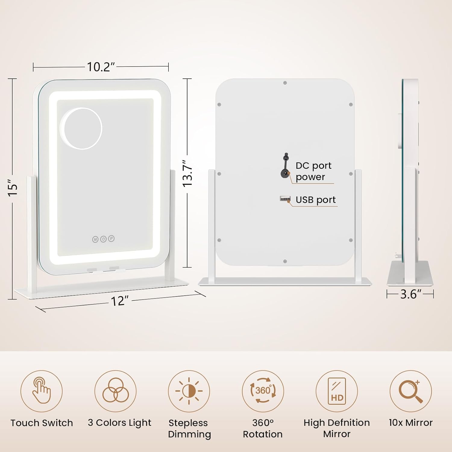 Smart Touch Control LED Lighted Makeup Mirror with 12V 2A USB Charging Port